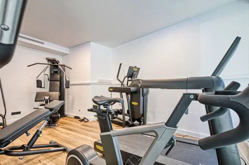 Technogym exercise bike, cross trainer and treadmill, with the strength station behind