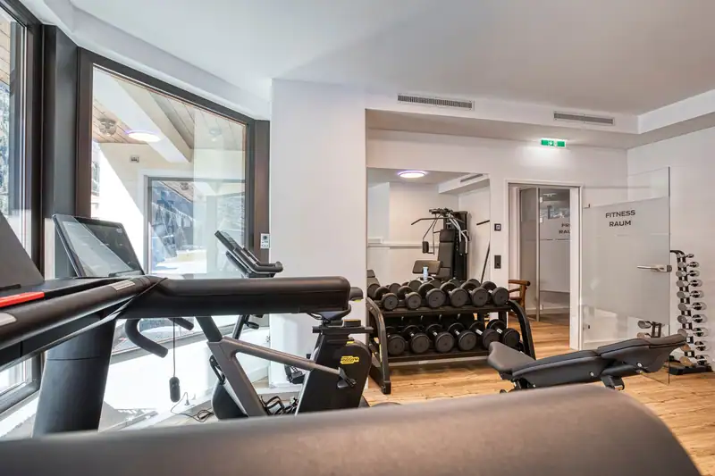 Treadmill and exercise bike by the windows, dumbbells and mirror behind