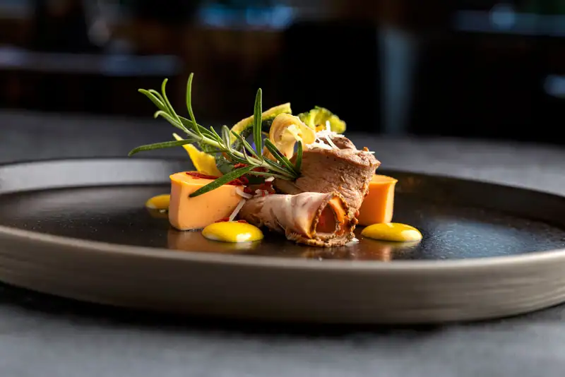 Pink fillet and roulade with terrine, rosemary and yellow sauce dots on a dark plate