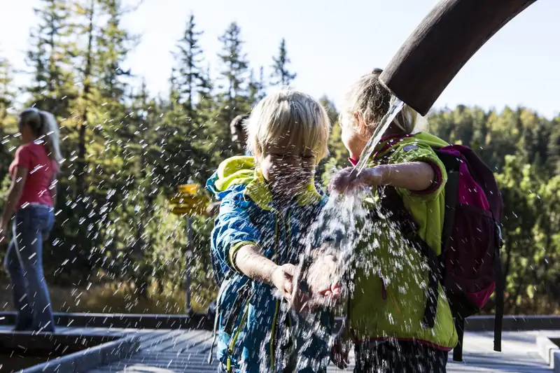 Two children playing with water from a wooden channel on the moor boardwalk