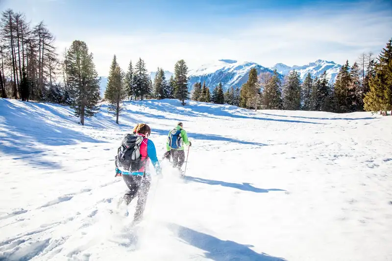 Snowshoer in powder snow in a clearing with a mountain view