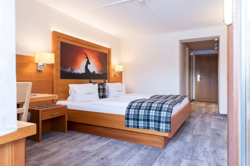 View into the room: double bed with ibex picture, bedside table, desk and entrance